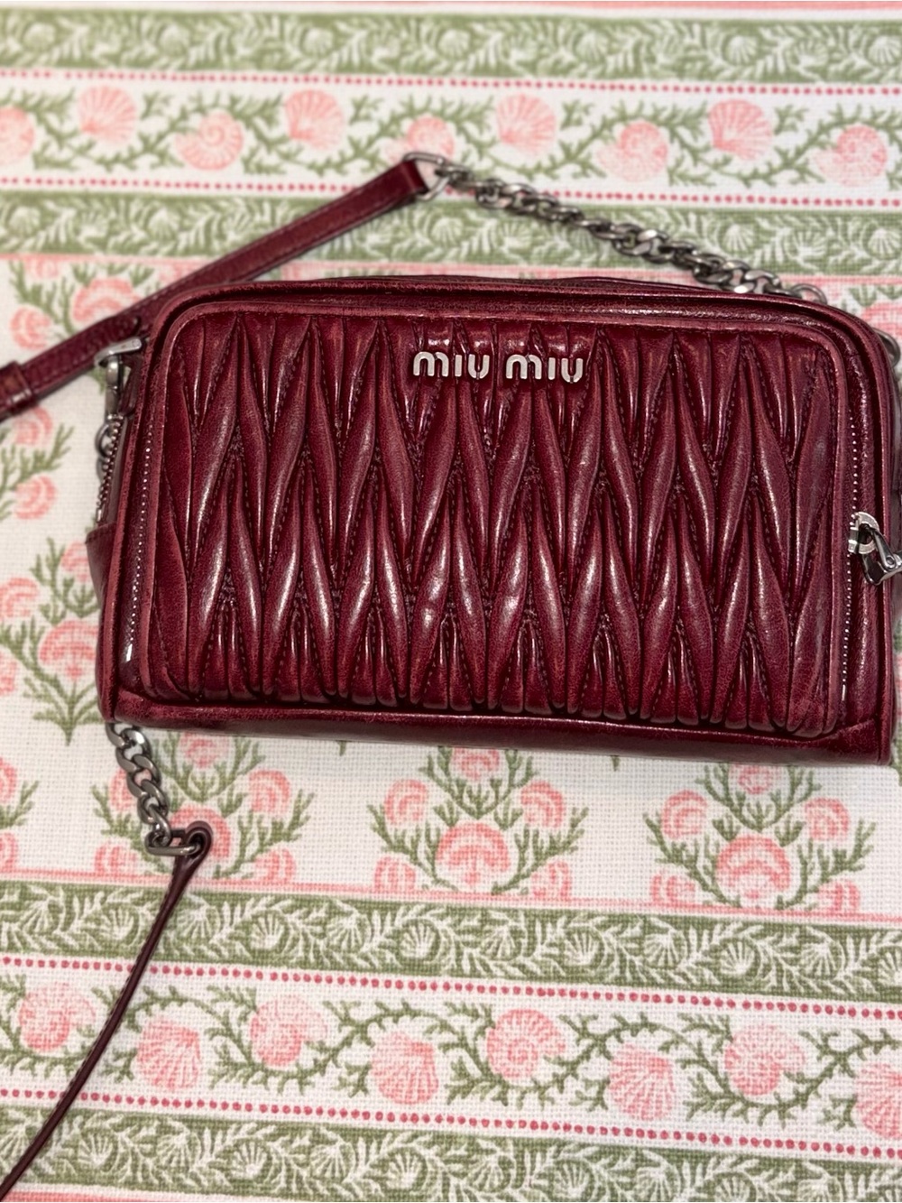 Miu Miu Burgundy Matelassé Leather Crossbody with Silver Hardware